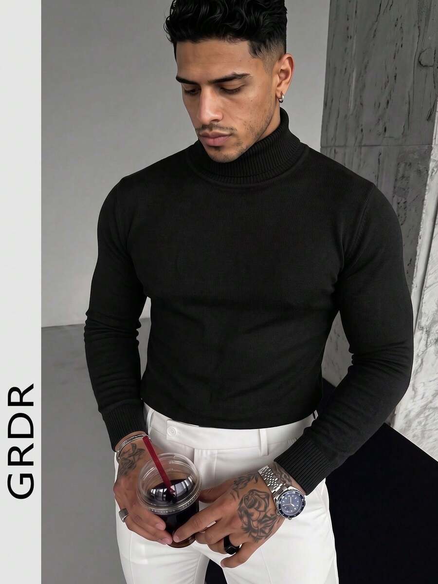 GRDR Men's Regular Shoulder Long Sleeve Turtleneck Sweater, Versatile Daily Wear Knitwear