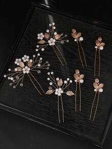 7pcs/Set Bridal Hair Pin Set, European & American Style Handmade White Pearl Alloy Leaf Flower Hair Sticks, Wedding Dress Accessories - Gold - View 6