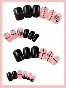 24pcs Short Square Press On Nails Nude Pink And Black Color Block With Simple Hand Painted Lines Suitable For Men And Women Ideal For Youngsters For Daily Commuting And Outings Autumn Winter And Christmas Styles - Multicolor - View 2