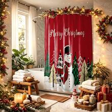1pc Christmas Tree & Snowman Pattern Shower Curtain, Vintage Design, Waterproof, Suitable For Bathtub Partition, Bathroom Decor & Accessories, Christmas Decoration, Home Decor Gift, Includes 12 Hooks - Multicolor - View 8