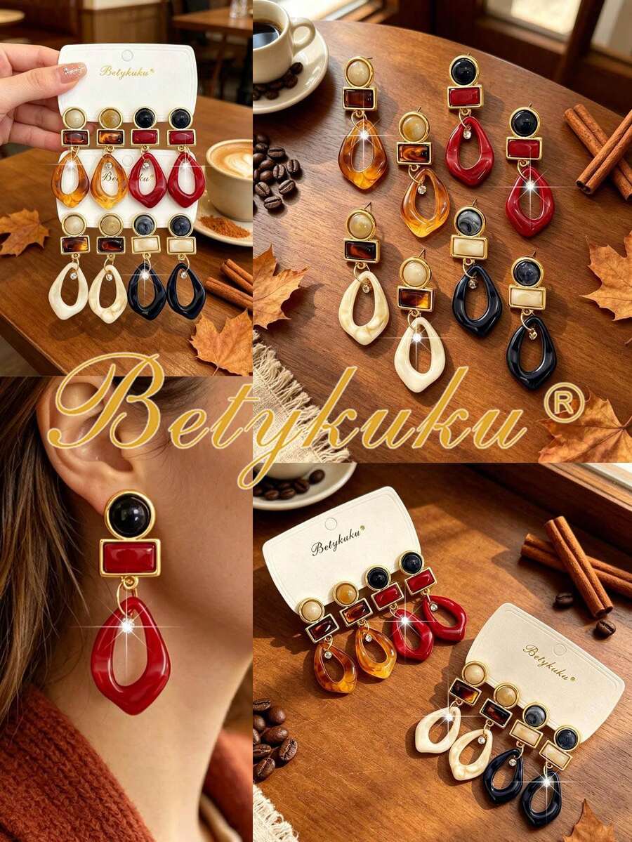 2pcs Bohemian Colorful Resin Round Water Drop Rhinestone Pendant Earrings, Casual Daily Outfit Accessory Gift