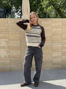 Women's Winter Vintage Pattern Raglan Sleeve Crew Neck Knit Sweater, Casual Minimalist Pullover Top - Coffee Brown - View 4