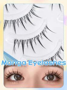 5 Pairs Japanese & Korean Manga Style Pointed Tail Ultra-Fine Fishing Line Invisible Stem False Eyelashes, Natural Sweet Fresh Soft Lightweight Realistic Eyelashes For Dating, Travel, Portable - Black - View 5