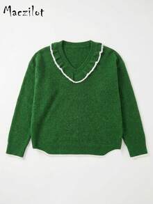 Plus Size Women's Autumn/Winter V-Neck Ruffle Collar Pullover Sweater, Contrast Trim Elegant Knit Top, Suitable For Commute And Date - Dark Green - View 7