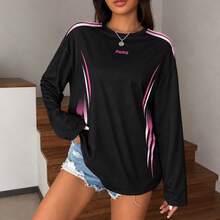 Kaos Olahraga Lengan Panjang Wanita Motif Garis Huruf dan Blok Warna, Kerah Bulat - Hitam - View 6