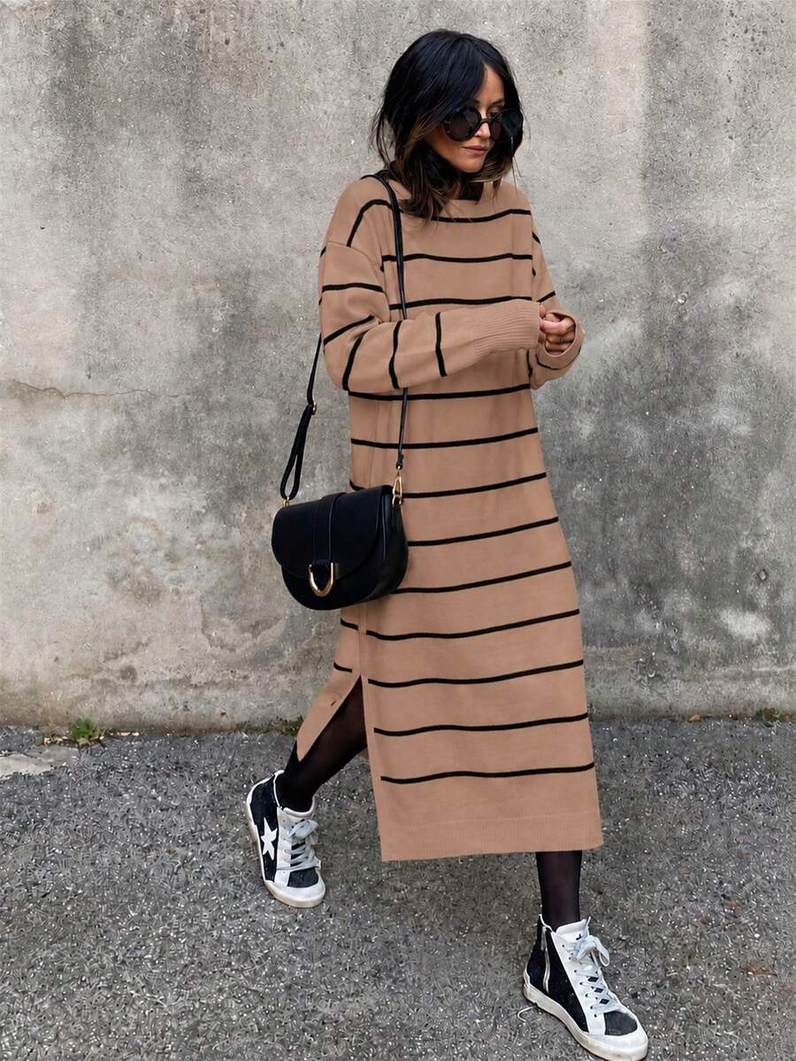Sweater Dress; Women Striped Pattern Drop Shoulder Polo Neck, 26 Fall/ Winter New