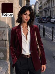 Women's Casual Velvet Fabric Slim Fit Single Breasted Long Sleeve Blazer Jacket, Suitable For Commuting, Autumn/Winter Fall - Burgundy - View 3