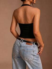Spring/Summer Casual Sexy Versatile Ribbed Halter Neck Tank Top - Black - View 2