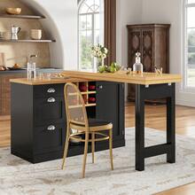 Extendable Sideboard & Dining Table Combo, 3 Drawers & Snack Rack & Wine Rack, Space-Saving Sideboard Small Flats, White/Black - Black + MDF - View 3