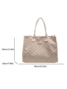 Large Capacity Tote Bag, Checkerboard Embossed Pattern, Minimalist Leather Label Decor, Multi-Compartment Storage Design, Gentle Commuter Style, Handheld Shoulder Bag, Suitable For Work Commute, Student School, Travel Shopping, Daily Versatile Women's Bag - Beige - View 7