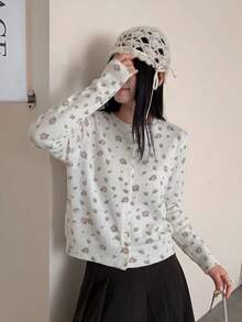 Autumn New Korean Style Gentle Floral Cardigan Women Round Neck Button Knit Top, Women's Autumn/Winter Clothing, Halloween - White - View 3