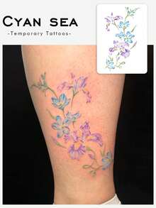1pc Temporary Tattoo, Watercolor Purple And Blue Iris Floral Pattern, Realistic Fake Tattoo Design, Suitable For Daily, Bachelorette Party Favors, Music Festival, Game, Graduation Gift, Lasts 3-5 Days - Multicolor - View 1