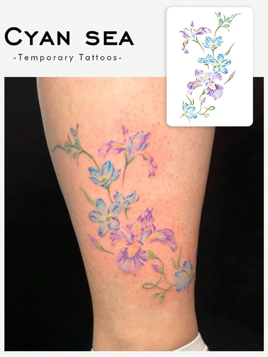 1pc Temporary Tattoo, Watercolor Purple And Blue Iris Floral Pattern, Realistic Fake Tattoo Design, Suitable For Daily, Bachelorette Party Favors, Music Festival, Game, Graduation Gift, Lasts 3-5 Days - Multicolor - View 1