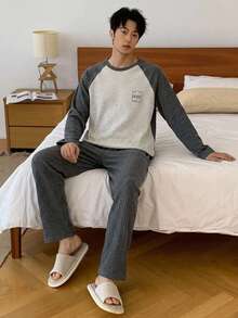 DAZY [PONX]2件套男士圓領長袖上衣與長褲睡衣套裝，透氣吸濕家居服 - 米色 - 查看 1