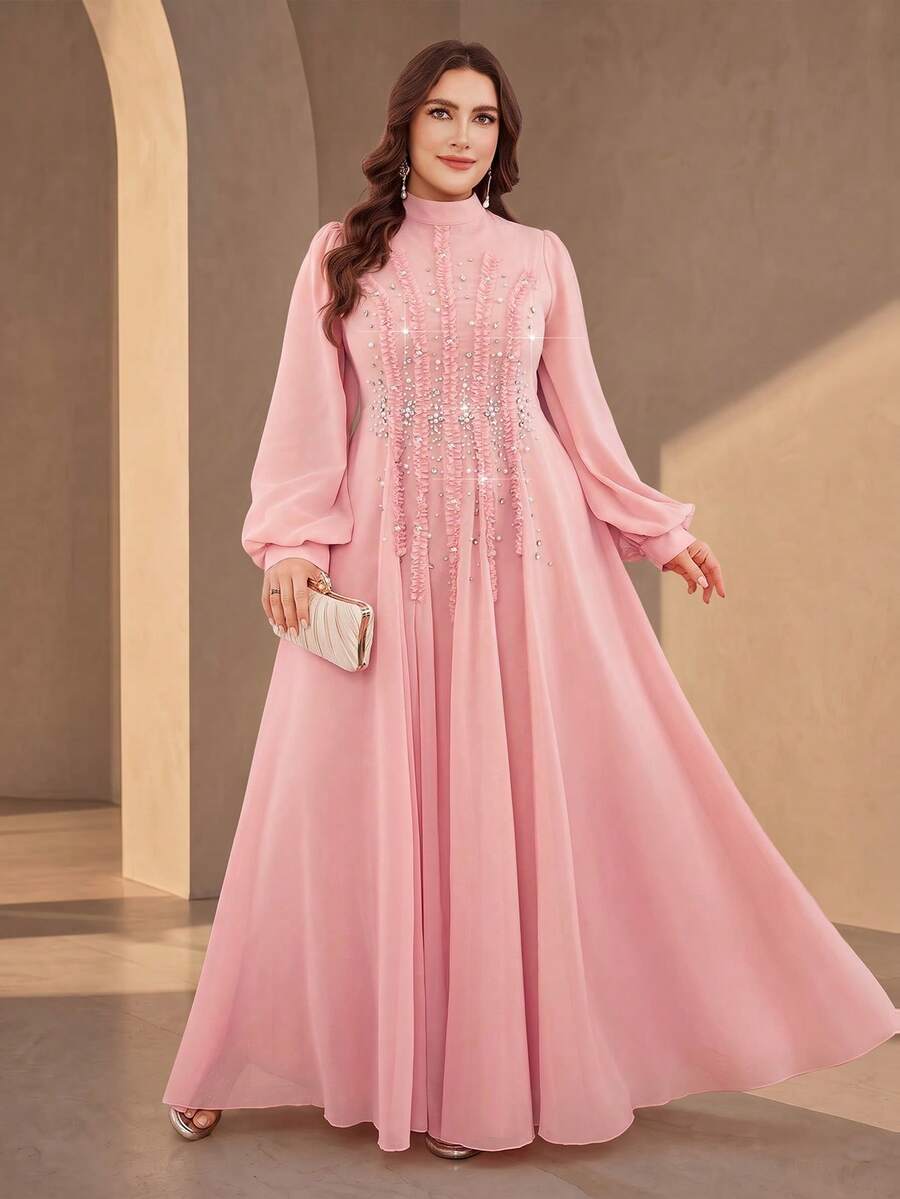 Plus Size Women's Solid Color Elegant Beaded Front Panel Long Sleeve Dress With Ruffle Hem Wedding Pink Spring Party Fall - Pink - View 1
