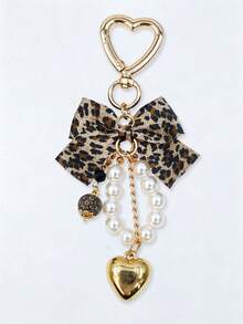 1pc Y2K Leopard Print Bow Heart Pendant Faux Pearl Keychain, Leopard Print Bow Women's Bag Charm, Leopard Print Bow Key Chain Key Ring, Fabric Ribbon Bow Pearl Beaded Heart Tassel Key Chain, Beautiful Car Key Chain And Wallet Accessory, Backpack Hanging Chain, Wallet Charm Accessory, Bag Accessory, Christmas Gift - Multicolor - View 11