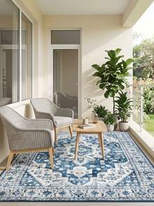 1PC Classic Blue & White Vintage Persian Pattern Bohemian Style Faux Wool Rectangular Area Rug, Distressed Mottled Details, Machine Washable, Suitable For Living Room Bedroom Home Decor, All Season Use, Aesthetic Home Decor - Multicolor - View 6