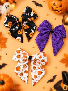3pcs Halloween Bow Hair Clips For Girls, Pumpkin Maple Leaf Star Spider Web Ghost Boo Print Cute Hair Clips, Party Daily Hair Accessories - Multicolor - View 1