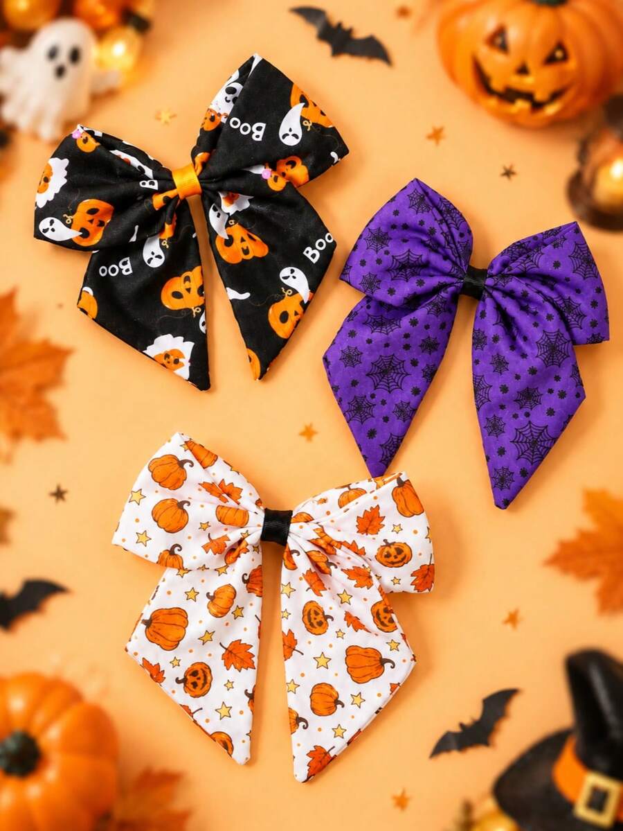 3pcs Halloween Bow Hair Clips For Girls, Pumpkin Maple Leaf Star Spider Web Ghost Boo Print Cute Hair Clips, Party Daily Hair Accessories - Multicolor - View 1