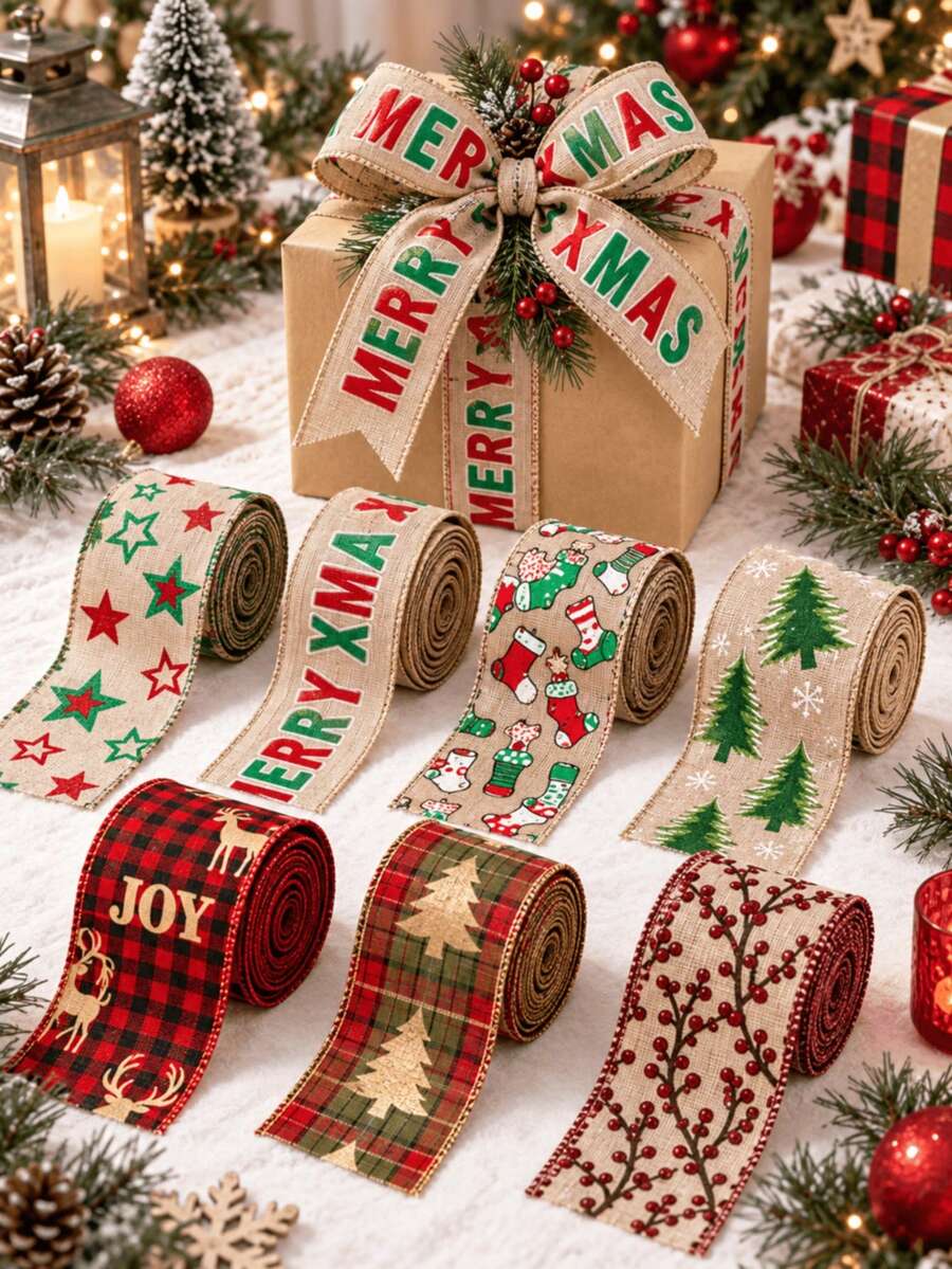 Julband i linne, flera tryckta mönster tillgängliga, röd- och svartrutig textur. Dekorativt julband för DIY, används för julgransinslagning, presentförpackning, kransdekoration och juldisplay i fönster. Julfestartikel, julpresentbuntning, handgjort dekorationsmaterial för att skapa en varm julstämning, lämpligt för juldekoration i hem och butik. - Flerfärgad - Visa 1