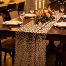 1pc Leopard Print Tablecloth, Polyester Fabric, Gold 118 X 27 Inches, Animal Pattern Tablecloth, Suitable For Hunting Party Birthday Wedding Events, Wild Theme Restaurant Decor Setup - Multicolor - View 6