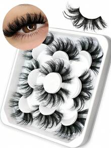 5 Pairs Dramatic Fluffy Faux Mink Lashes, 25mm Wispy Full Strip False Eyelashes Black Band For Party Makeup - Black - View 1