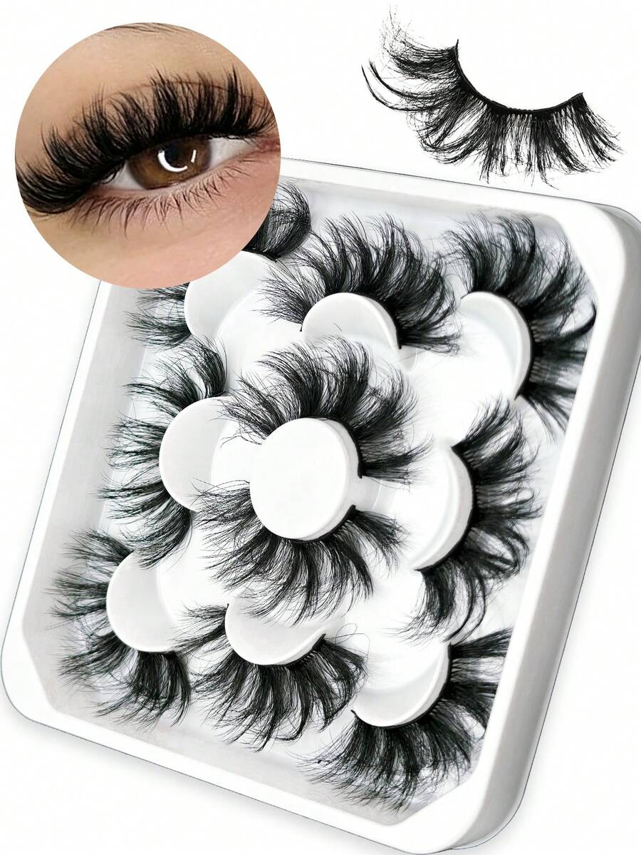 5 Pairs Dramatic Fluffy Faux Mink Lashes, 25mm Wispy Full Strip False Eyelashes Black Band For Party Makeup - Black - View 1