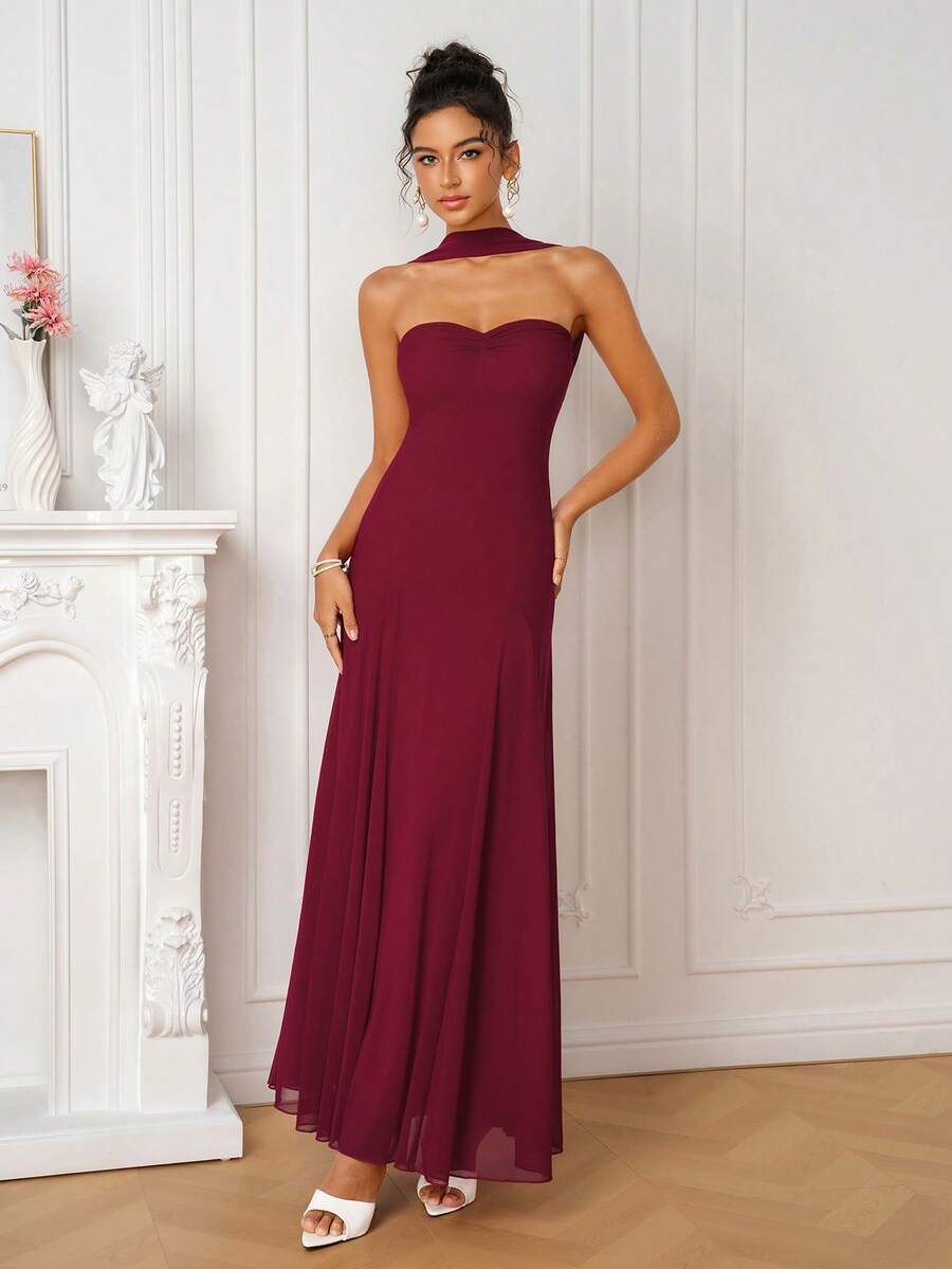 PARTHEA Elegant Burgundy Halter Tube Mesh Maxi Dress, Ruched Sweetheart Neck, Flared Hem Formal Party Evening Gown For Women - Red - View 1