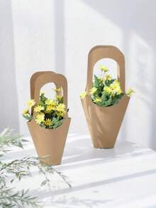 10Pcs Floral Kraft Paper Box Set,Gift Bags With Handles,Cone-Shaped Floral Bouquet Wrapping Bags For Wedding,Birthday,Party,Thanksgiving,Christmas - Brown - View 3