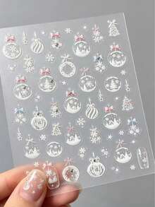 1 Sheet Iridescent Rhinestone Christmas Ball Nail Stickers, Ornament Bow Diamond Pearl Snowflake Xmas Tree Deer Snow Scene 5D Embossed Texture, Self-Adhesive Sweet Dreamy Winter Holiday DIY Nail Decals - Multicolor - View 3