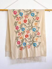 1件女款秋冬仿羊絨花卉刺繡圍巾，加厚保暖流蘇刺繡波希米亞風旅行披肩斗篷 - 杏色 - 查看 2