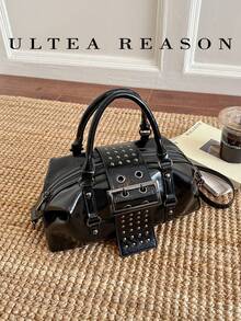 1pc Solid Color PU Leather New Women's Bag, Shoulder Bag, Crossbody Bag, Fashion Square Handbag, Rivet Decoration, Suitable For Commuting, Shopping, Dating, Work - Black - View 7