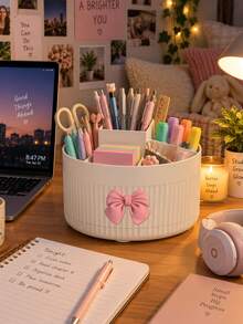 Desktop 360 Degree Rotating Multifunctional Storage Box With Bow Decoration, Pen Holder For Cosmetics, Makeup Brushes, Eyebrow Pencils, Desk Organizer With 5 Compartments - Multi-Functional Pencil, Marker, Scissors And Stationery Storage Rack, Suitable For Office, Vanity, Dorm, Classroom, Christmas Gift, Birthday Gift, Holiday Essential, Home - Multicolor - View 5