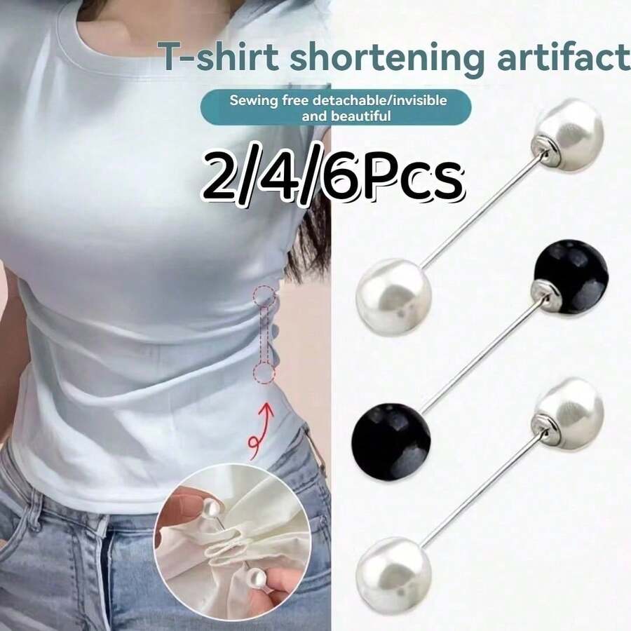 6/4/2Pcs T-Shirt Shortening Tool Invisible Waist Cincher Hem Tightener Adjustable Buckle Round Bead Pin No-Sew Knot Button