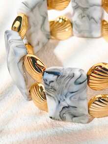 Marble Pattern Resin Elastic Beaded Bracelet, Gold Shell Decor Wide Cuff Bracelet, Bohemian Style Exaggerated Jewelry, Versatile Gift For Women And Girls, Suitable For Daily Wear, Party And Travel - Multicolor - View 7