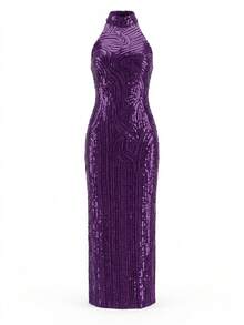 FEELAIR New Sexy Backless Fitted Heavy Embellished Sequin Midi Dress, Suitable For Wedding Bridesmaid, Birthday, Party, Formal Evening Dinner, Slit Dress - Purple - View 8