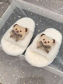 Bear Patch Plush Slippers, New Autumn/Winter Style, Thick Sole, Non-Slip, Soft & Warm Indoor Slides - White - View 4