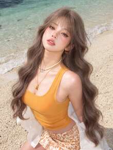 alicegarden 30-Inch Long Synthetic Wig Featuring A Natural Wavy Style In A A Stunning Chocolate-Brown. Designed With Bangs , This False Hairpiece Is Perfect For Ms Daily Party Cosplay Use, Offering A Natural And Natural Durable Wig Gift For Ladies. - Chocolate Brown - View 5