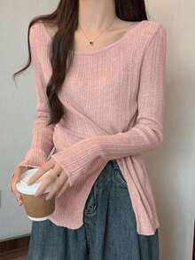 Daily Design 小眾極簡性感單肩針織上衣，收腰開衩辣妹性感女款上衣 - 藕粉色 - 查看 6