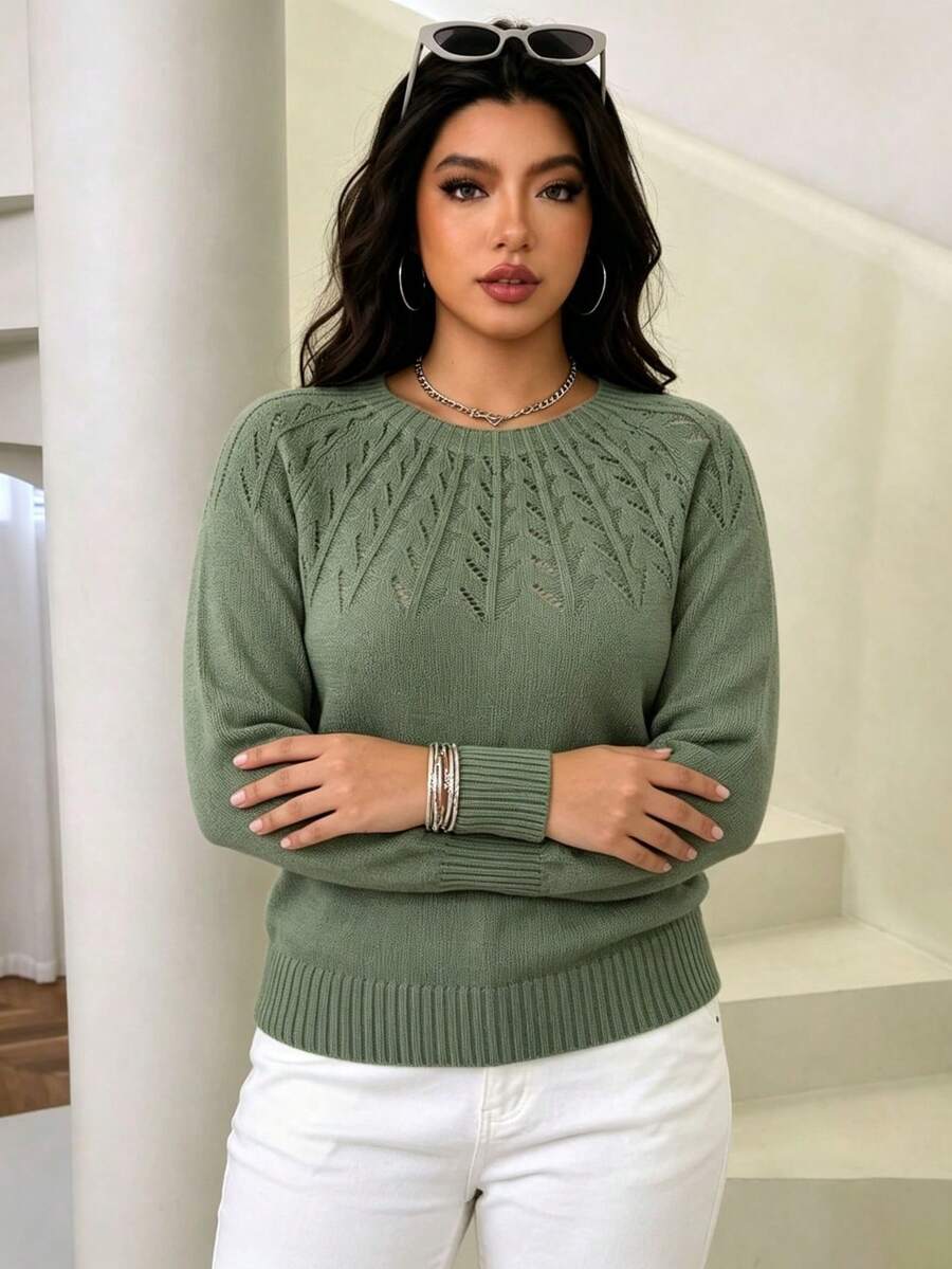 Sweater Rajut Lengan Panjang Leher Bulat Kasual Longgar Ukuran Besar untuk Wanita, Desain Minimalis dengan Pola Bertekstur, Gaya Serbaguna untuk Sehari-hari
