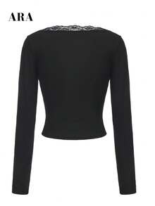 ARA CHIC Women's Lace Trim Deep V-Neck Long Sleeve Cropped Top, Front Cross-Over Slim Fit Elastic Ribbed Layering Top, Suitable For Autumn/Winter - Black - View 9
