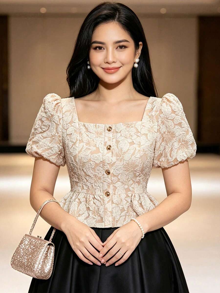 Amyenjoylife 現代菲律賓風女式上衣 1件裝 荷葉邊收腰鈕扣短袖上衣，休閒通勤度假約會夏季穿搭 - 香檳色 - 查看 1