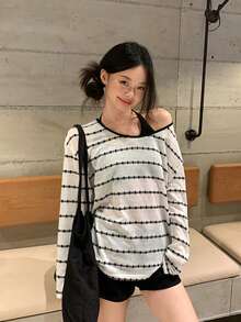 Kaos Lengan Panjang Bergaris Putih Wanita, Baju Pelindung Matahari Tipis Berlubang untuk Musim Panas, Atasan Bahu Asimetris Longgar Dua Arah (Lapisan Dalam Tidak Termasuk) - Putih - View 4
