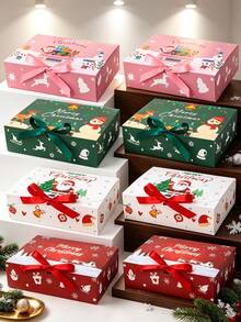 4pcs/1pc Christmas Cardboard Gift Box, Christmas Cake Box, Flip Top Bow Packaging Box, Party Holiday Gift Box, Large Luxury Sturdy Foldable Paper Box, Christmas Party Gift Supplies, Exquisite Gift Box - Multicolor - View 4