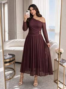 Elegant Plus Size Burgundy Asymmetrical Neck Maxi Dress For Women, Perfect For Formal Occasions And Fall Parties - Red - View 1