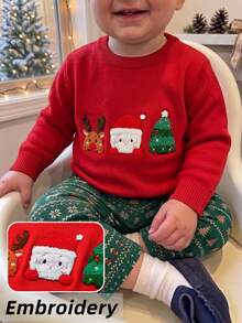 Sweater Leher Bulat Bordir Santa Claus Natal untuk Anak Laki-laki, Lengan Panjang, Cocok untuk Musim Gugur & Musim Dingin - Merah - View 1