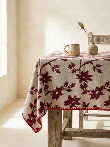 1pc Grey Background Deep Red Leaf Floral Pattern Tablecloth, Natural Vintage Style Fabric Material, Rectangular Red Polka Dot Hem Detail, Stain-Resistant Protection And Decorative Function, Suitable For Daily Home Dining Table And Natural Style Restaurant Decor - Red - View 5