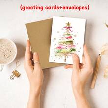 12Pcs Foldable Christmas Greeting Cards With Envelopes,6 Styles Watercolor Pink Gold Xmas Tree Folded Merry Christmas Blank Holiday Note Cards - Multicolor - View 8