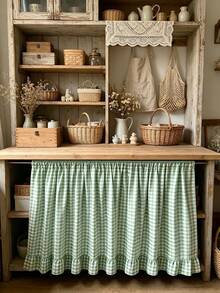 1PC Green And White Plaid Ruffle Table Skirt, Vintage Country Style, Suitable For Kitchen Sink, Laundry Area Shelves, Small Windows, Rod-Style Curtain To Hide Clutter - Green - View 3