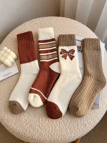 4 Pairs Women's Autumn/Winter Vintage Brown Tone Mid-Calf Socks, Striped Bowknot Colorblock Design, Casual Versatile Ribbed Socks - Multicolor - View 3